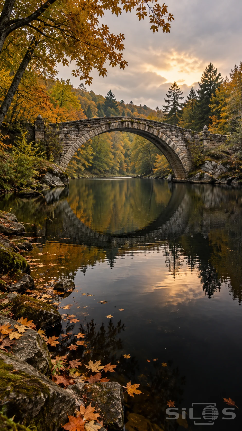 An autumn stone bridge crosses a quiet woodland lake beneath a canopy of golden leaves.