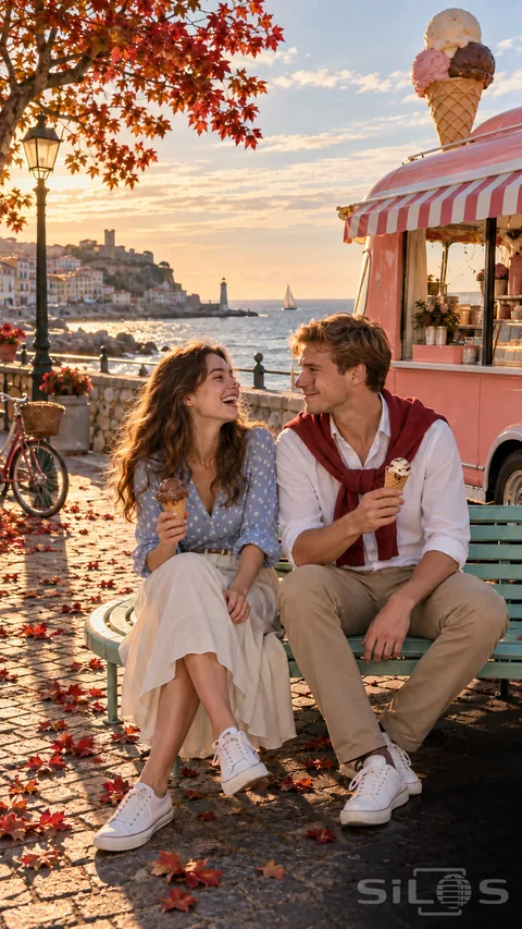 A laughing couple hold ice cream cones on a mint bench beside a pink seaside kiosk topped with a large cone decoration.