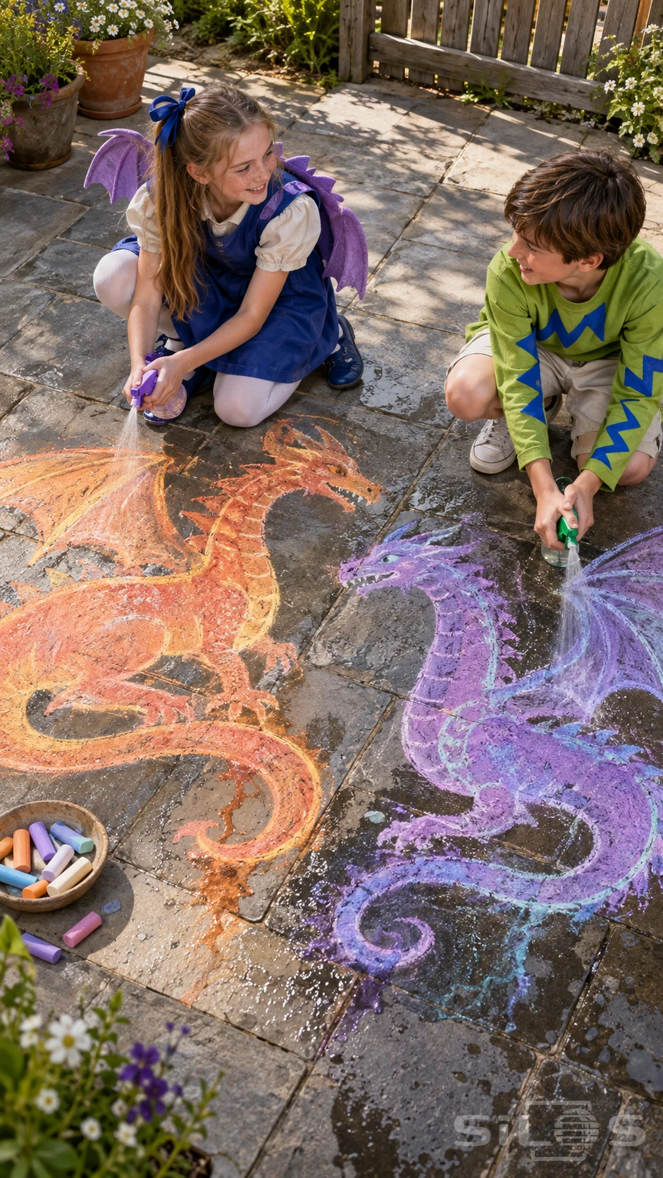 Chalk dragon play with two children in blue and lime outfits spraying water onto orange and violet dragons drawn across a sunny courtyard.