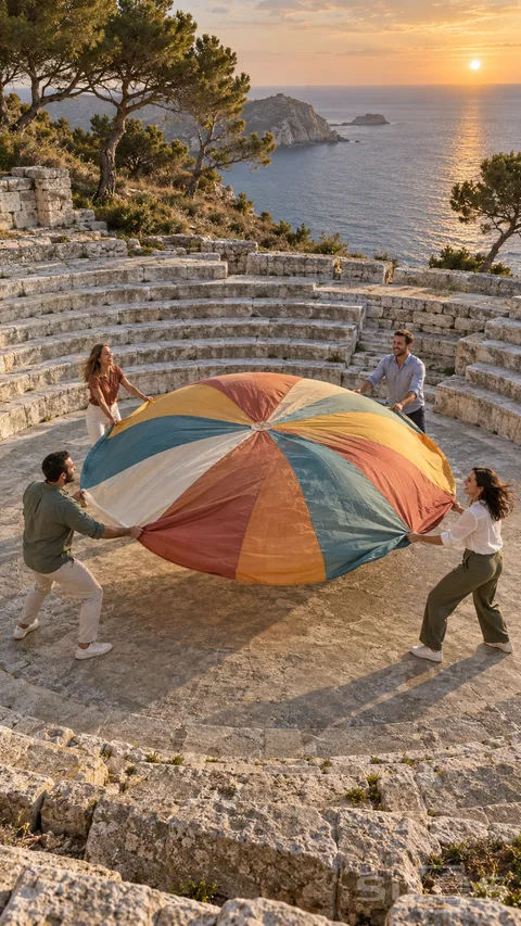 Four adult friends lift a striped fabric dome during parachute play in a curved stone amphitheater above the sea at sunset.