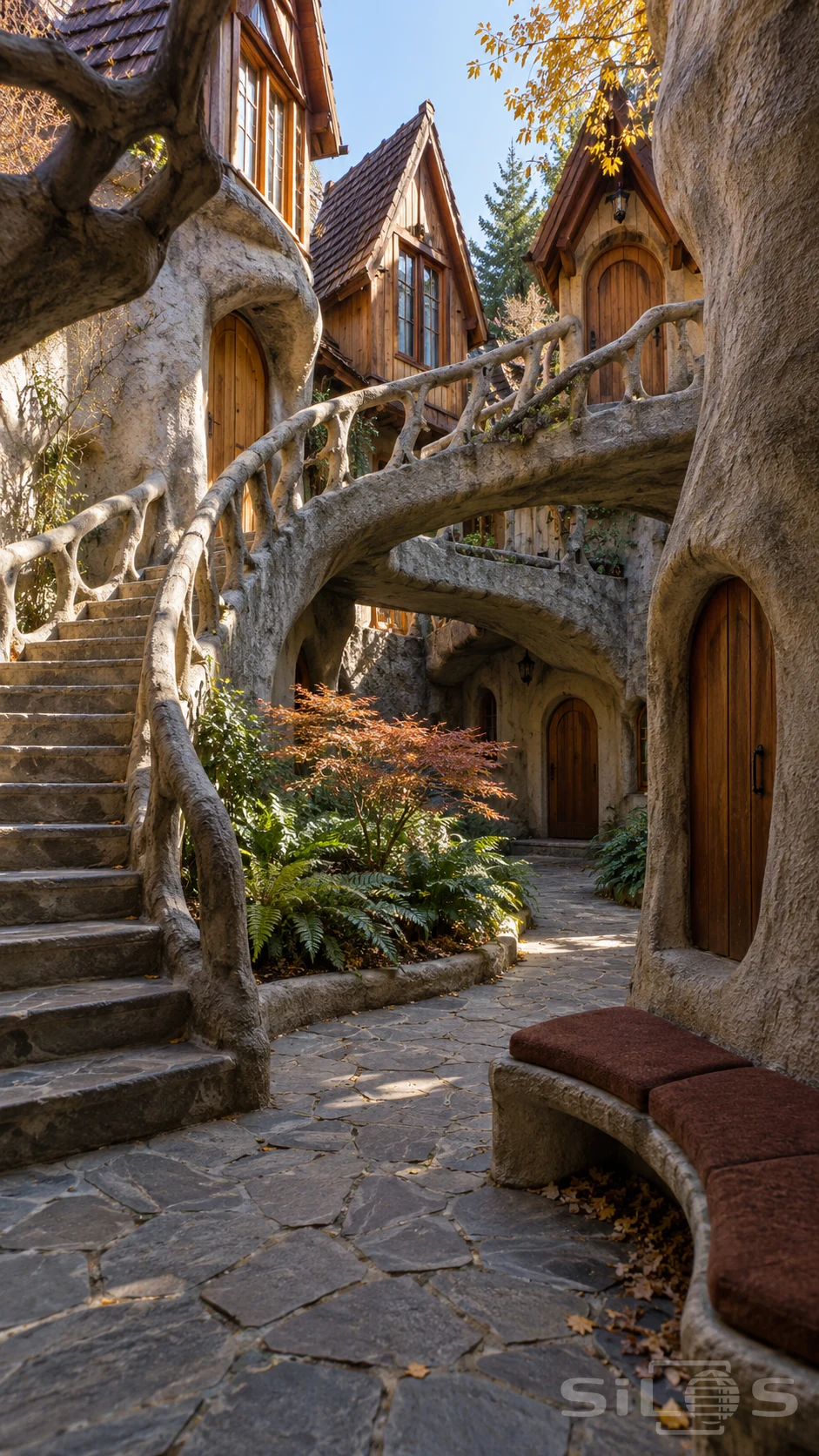 Branching masonry stairways cross a compact courtyard beneath steep wooden gables, with a red maple, ferns and a curved cushioned bench.