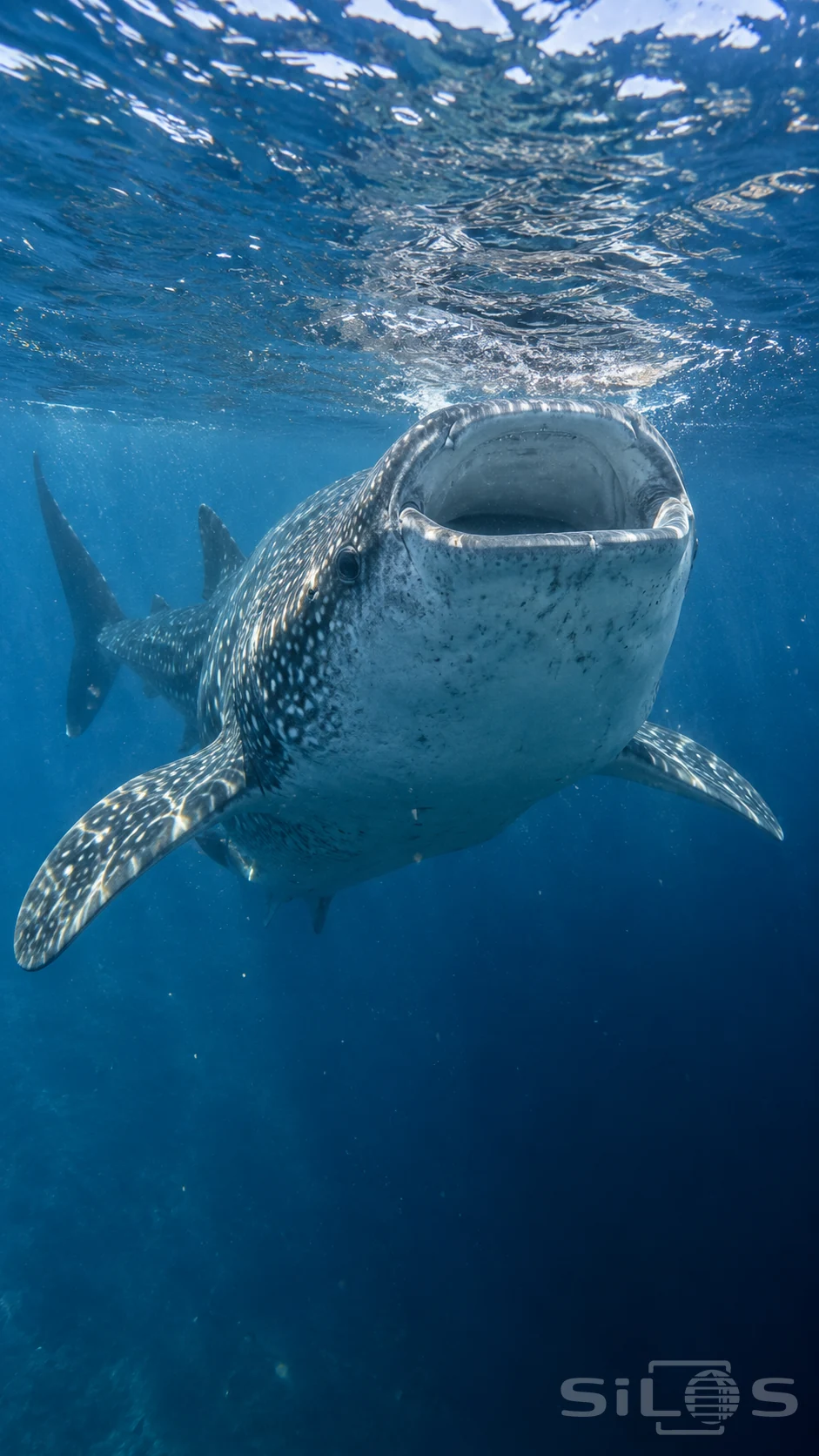 A whale shark angles its broad open mouth toward the rippling surface, with pale spots across its body and wide pectoral fins.