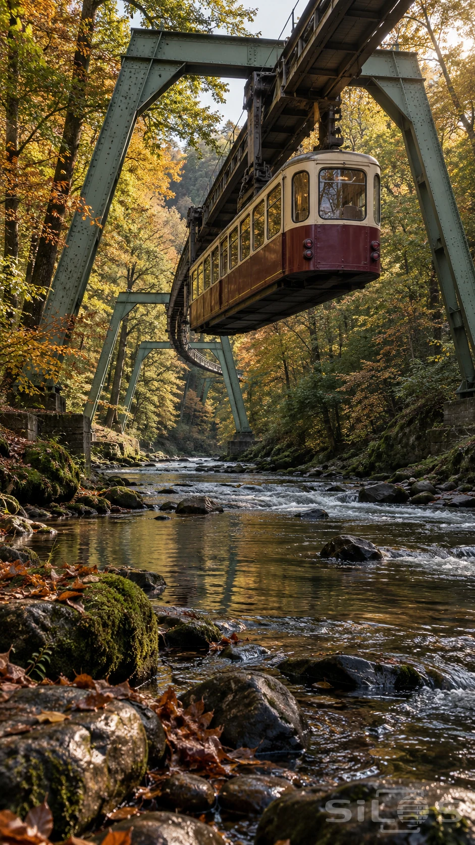 A cream and burgundy train hangs below an overhead track carried by green steel frames above a shallow river in autumn woodland.