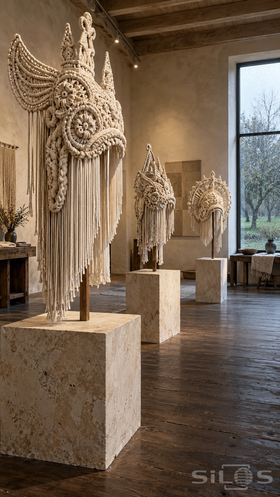 Three elaborate ivory macrame crowns stand on wooden mounts and stone plinths in a quiet gallery beside a rain-streaked window.