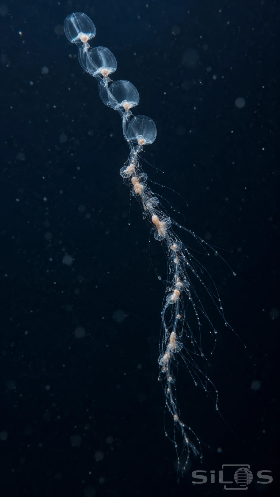 A delicate siphonophore stretches through dark water with transparent bells and fine branching filaments.