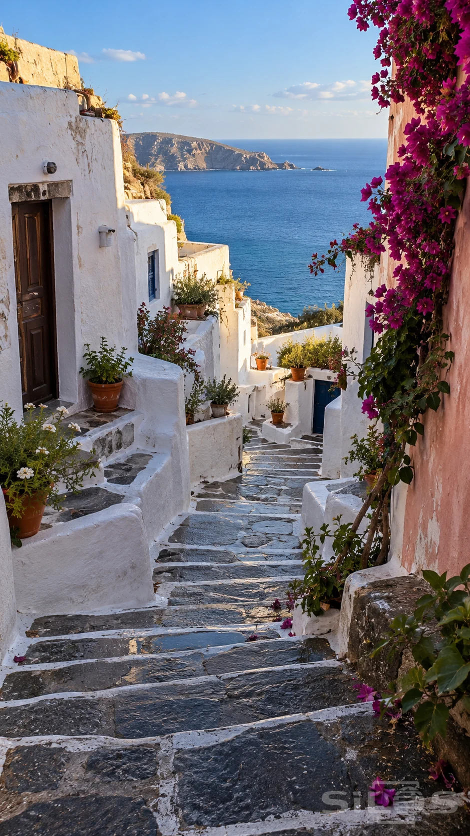 Wet stone steps descend between whitewashed houses, potted plants and magenta bougainvillea toward a vivid blue coastal bay.