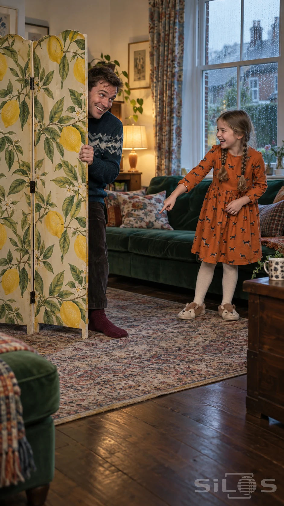 A father and daughter laugh during hide and seek beside a lemon patterned screen, green sofa and rainy window.