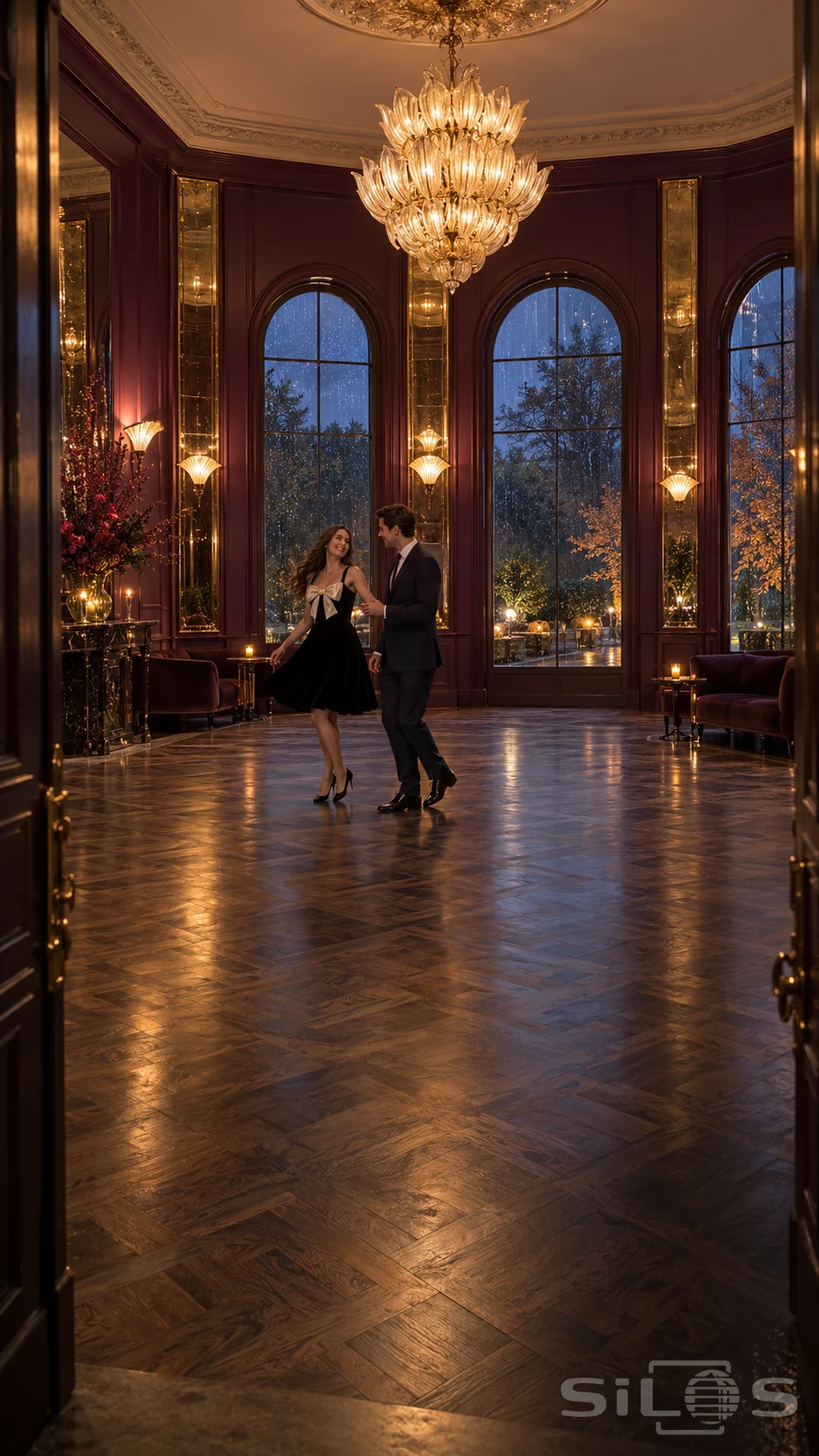 A laughing woman in a black velvet dress with a cream satin bow turns with a man in a dark suit in a plum ballroom at rainy dusk.