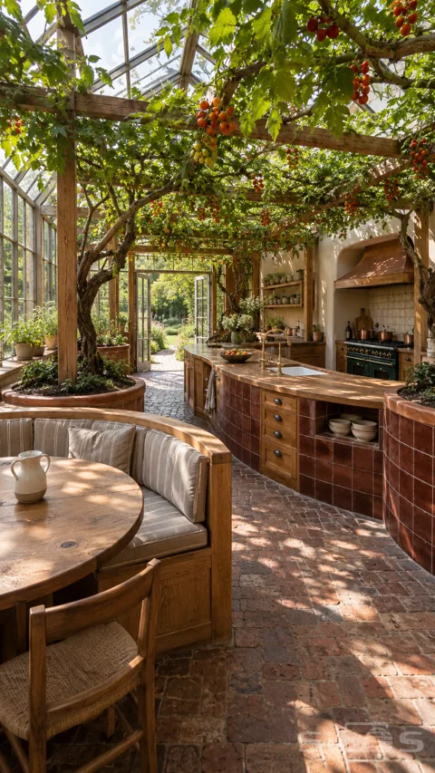 Tomato branches spread across timber supports above a red-tiled kitchen counter; curved breakfast booth and worn brick floor.