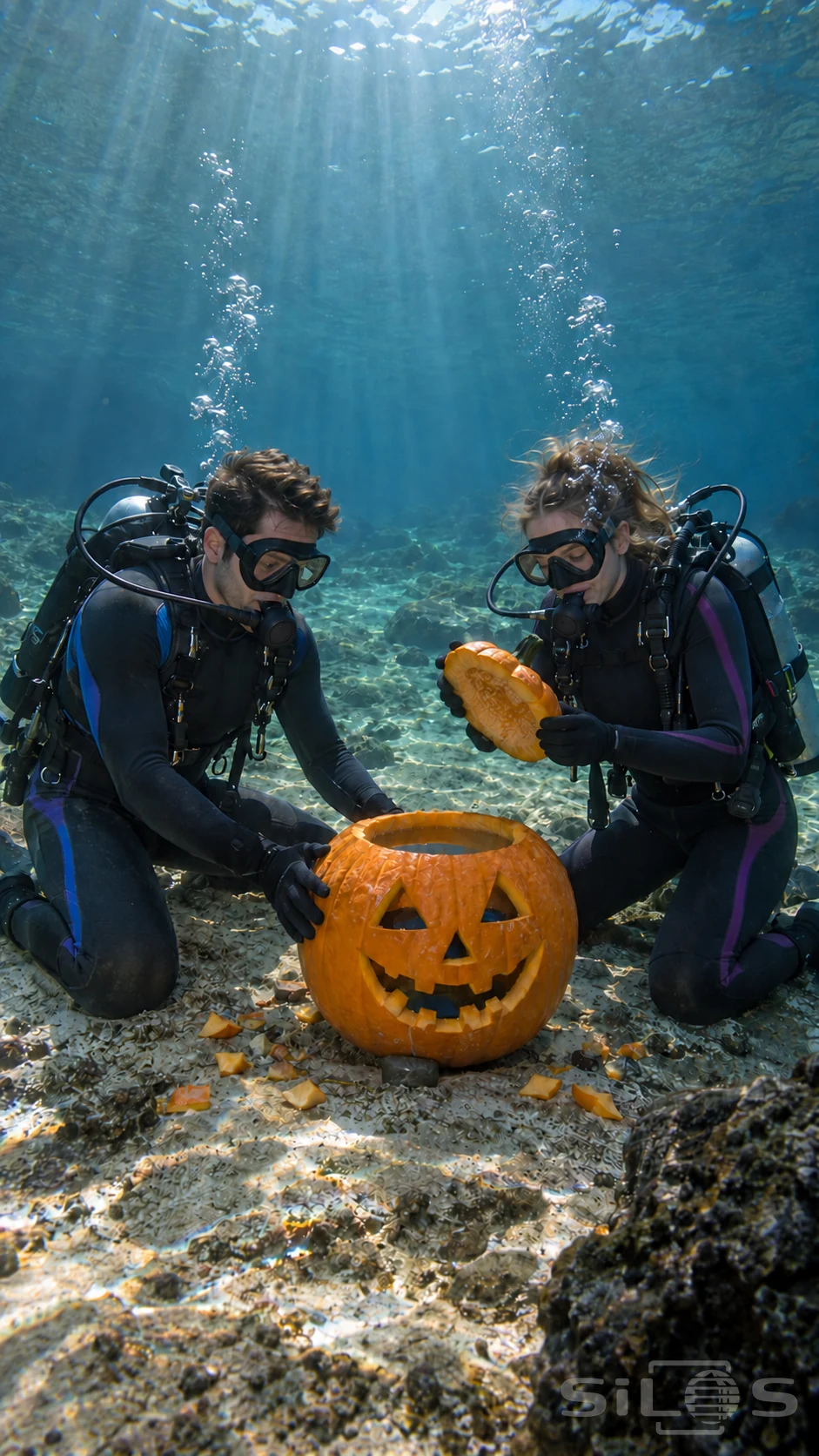 An underwater jack-o-lantern on a rocky bottom between two adult divers, with a lifted lid and rising bubbles.