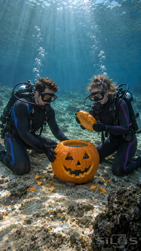 An underwater jack-o-lantern on a rocky bottom between two adult divers; with a lifted lid and rising bubbles.