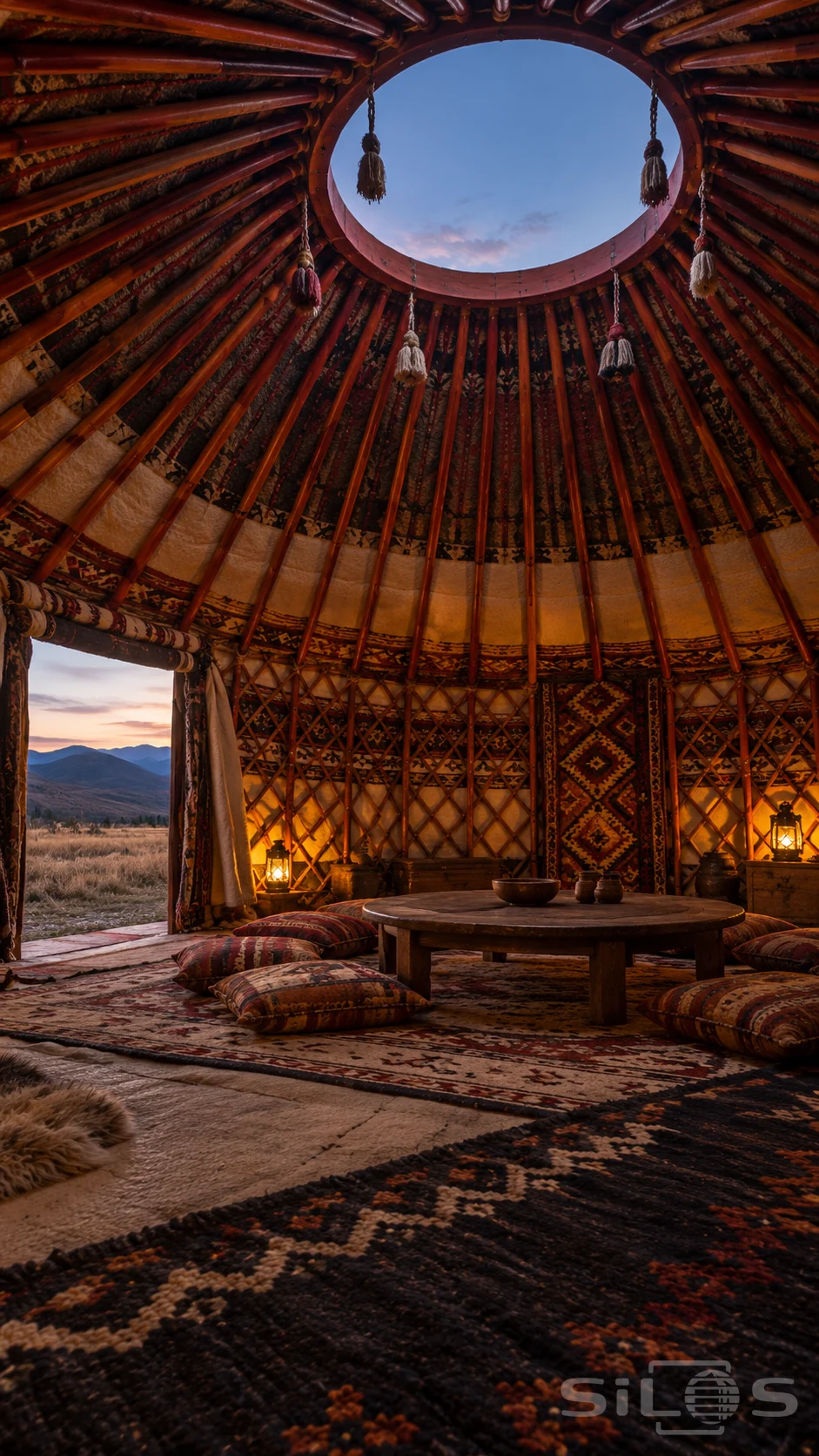 Red roof poles converge around an open circular skylight above patterned rugs, cushions and a low wooden table in a yurt.