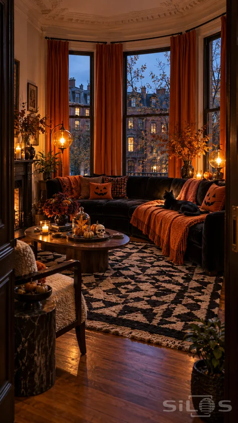 A black cat rests on an orange throw across a curved Halloween sofa beneath bright orange curtains.