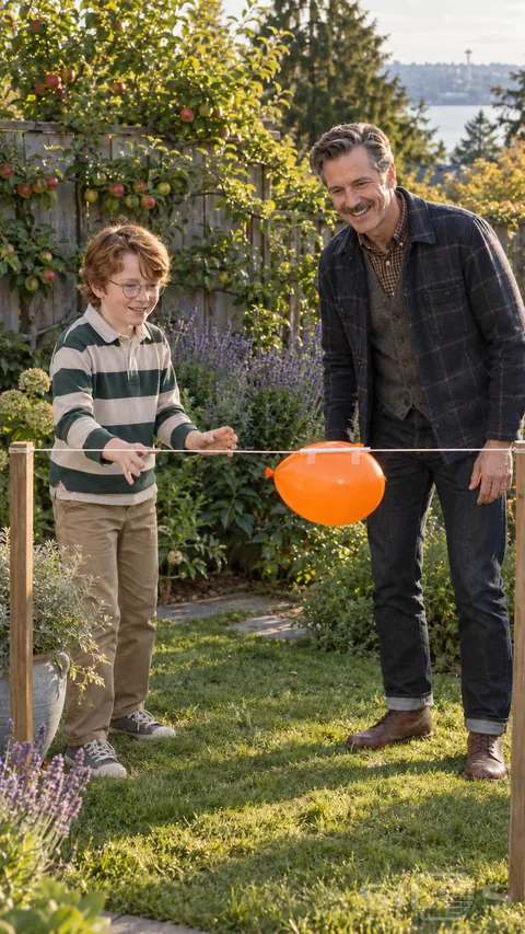 A father and son watch an orange balloon rocket suspended from a straw on a taut cord in an apple garden.