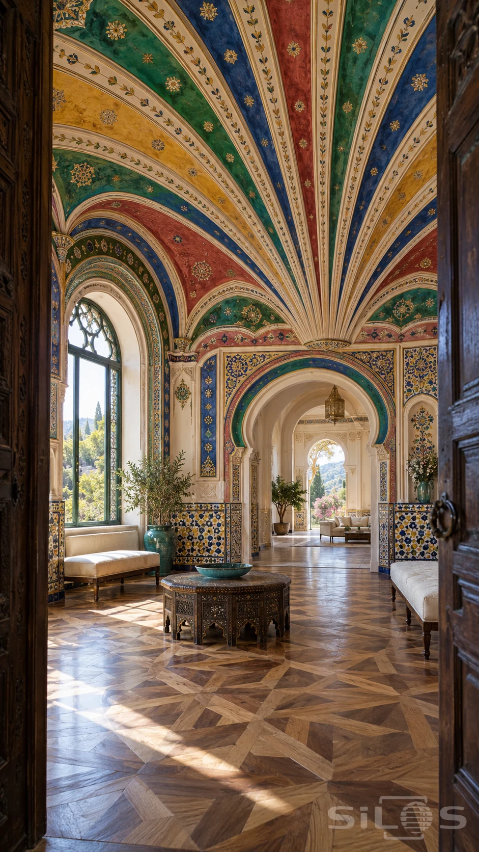 A colourful fan-vaulted salon with multicoloured ceiling panels, tiled walls, ivory benches and geometric parquet flooring.