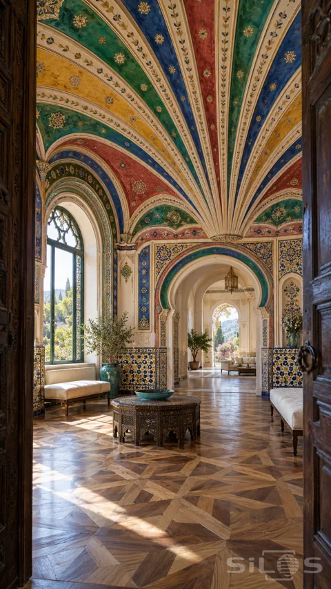 A colourful fan-vaulted salon with multicoloured ceiling panels; tiled walls; ivory benches and geometric parquet flooring.