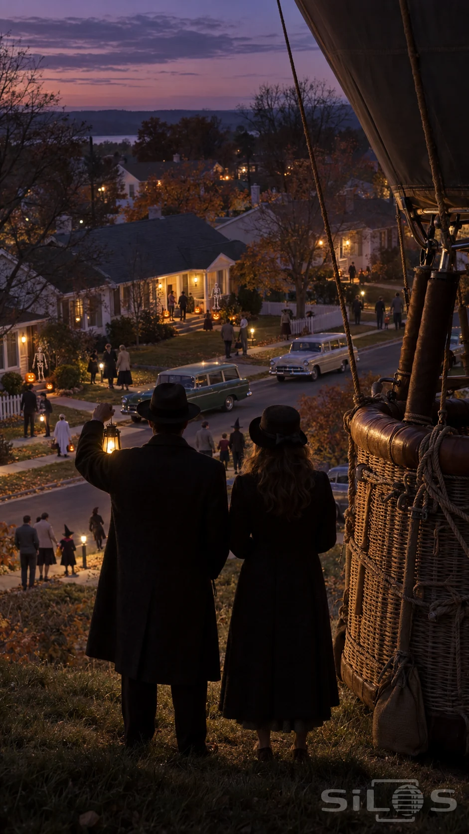Two dark-coated figures stand beside a wicker balloon basket above a Halloween street, one holding a glowing lantern.