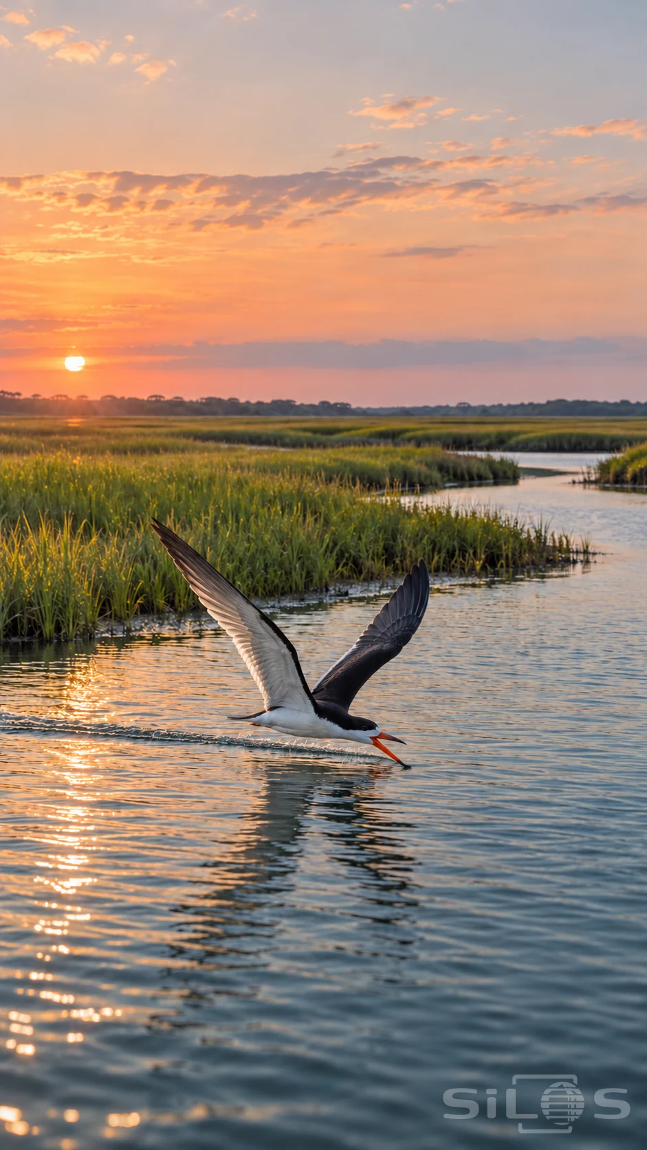 A black skimmer flies over a tidal channel with open wings and its lower bill in the water beneath a peach sunset.