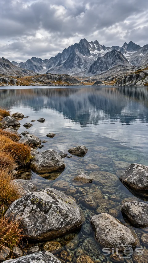 A steel-blue alpine lake reflects low cloud beneath a rugged ridge and scattered shoreline stones