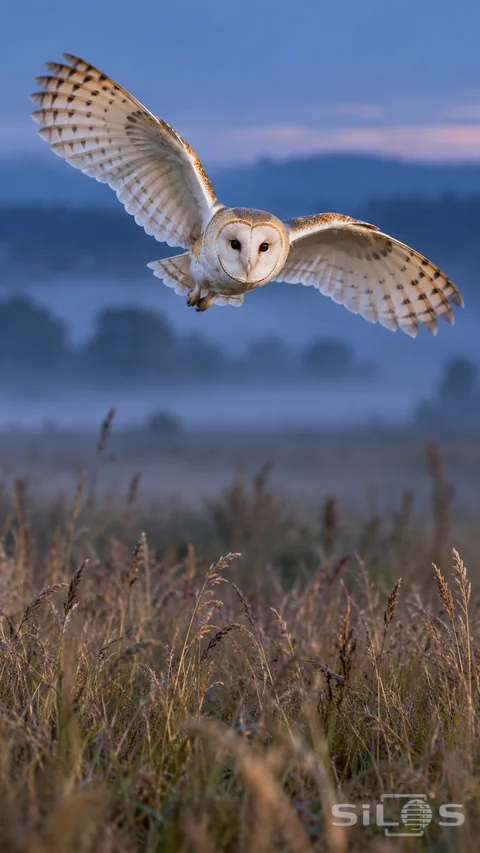 A pale barn owl glides low over long meadow grasses in the last soft light of day