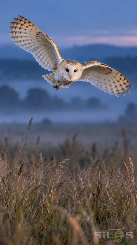 A pale barn owl glides low over long meadow grasses in the last soft light of day