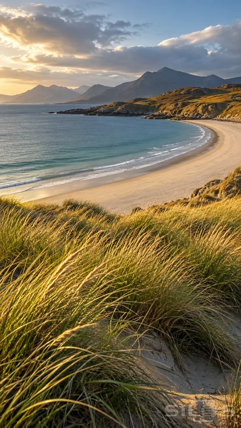 Warm side light catches wind-bent dune grass above an empty crescent beach, a blue-green bay and receding mountain layers.