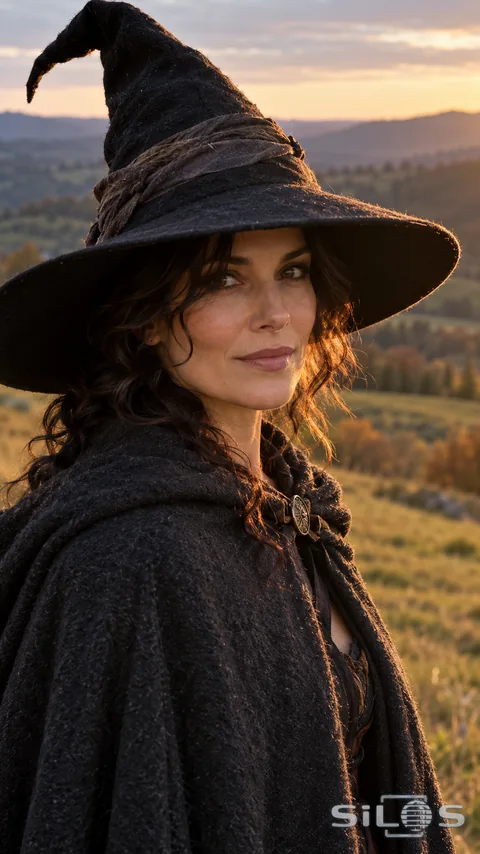A sculpted black witch hat and wool cape catch low copper light