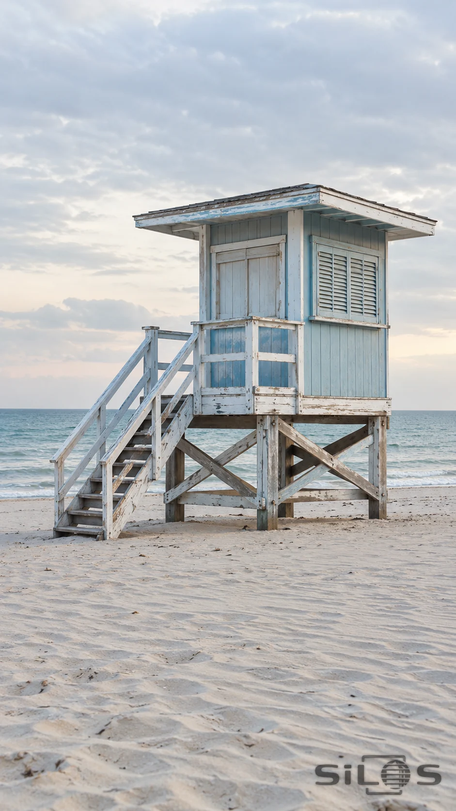 A weathered blue-and-white lifeguard tower stands above pale sand beside a quiet sea