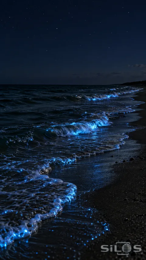 A faint blue glow traces small breaking waves along a dark sandy shore