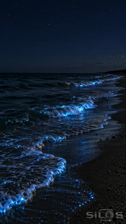 A faint blue glow traces small breaking waves along a dark sandy shore