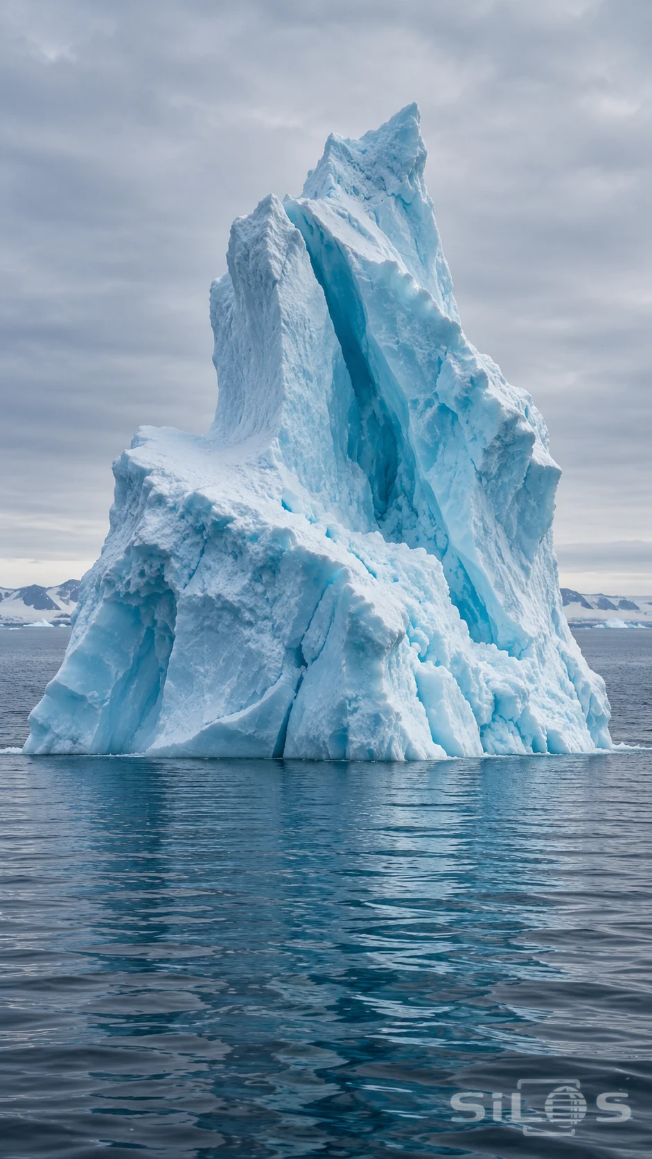 A sculpted blue iceberg rises from dark water under pale polar cloud