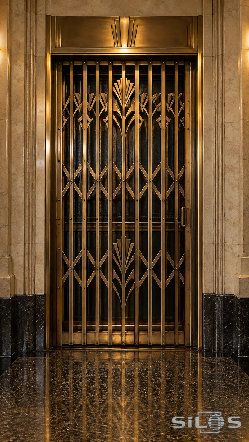 A geometric brass elevator grille catches warm light in a stone lobby