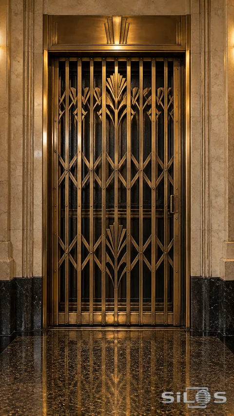 A geometric brass elevator grille catches warm light in a stone lobby