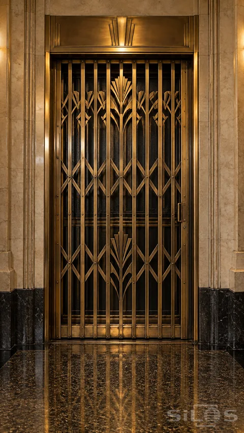 A geometric brass elevator grille catches warm light in a stone lobby