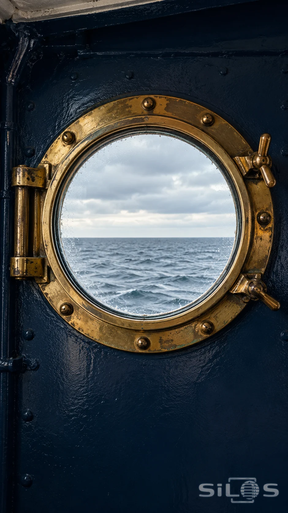 A weathered brass porthole frames pale gray sea and sky inside a dark painted cabin