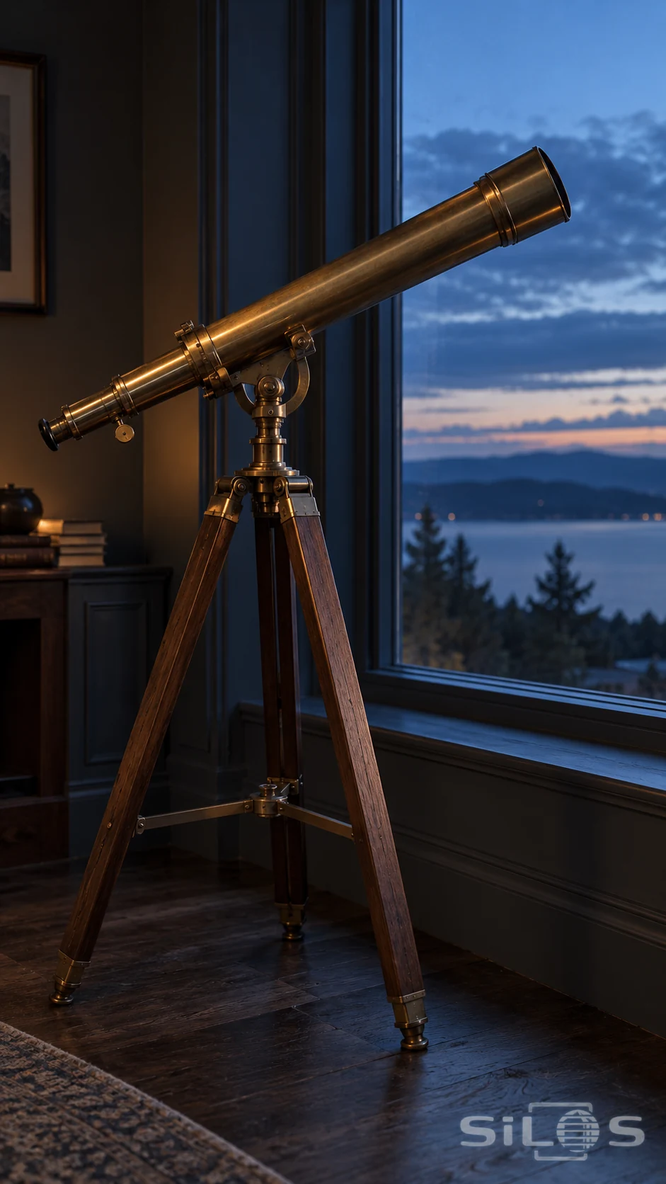 A brass refracting telescope catches cool window light in a quiet room