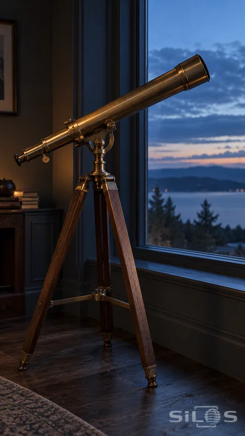 A brass refracting telescope catches cool window light in a quiet room