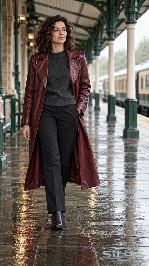 A woman in a burgundy leather trench walks beneath a green station canopy after rain