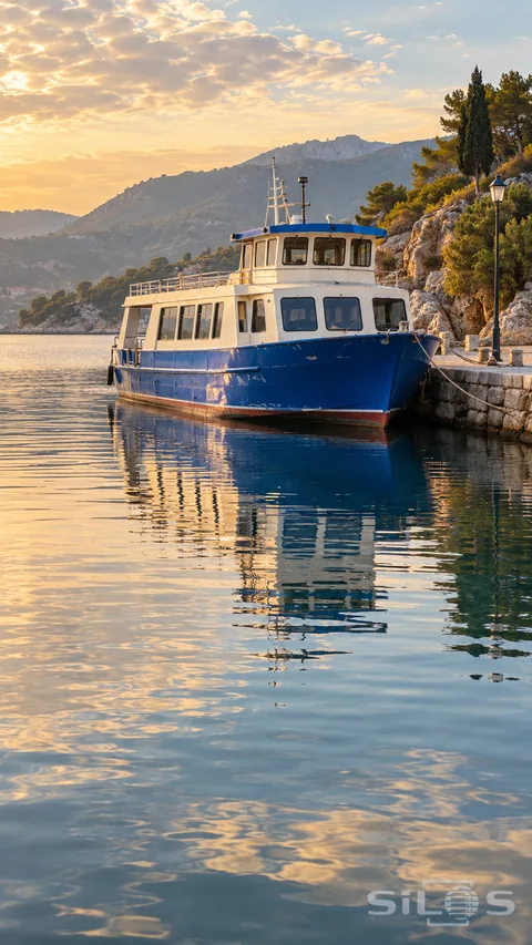 A blue-and-cream ferry is moored beside a stone quay with warm cloud reflections across quiet harbor water.