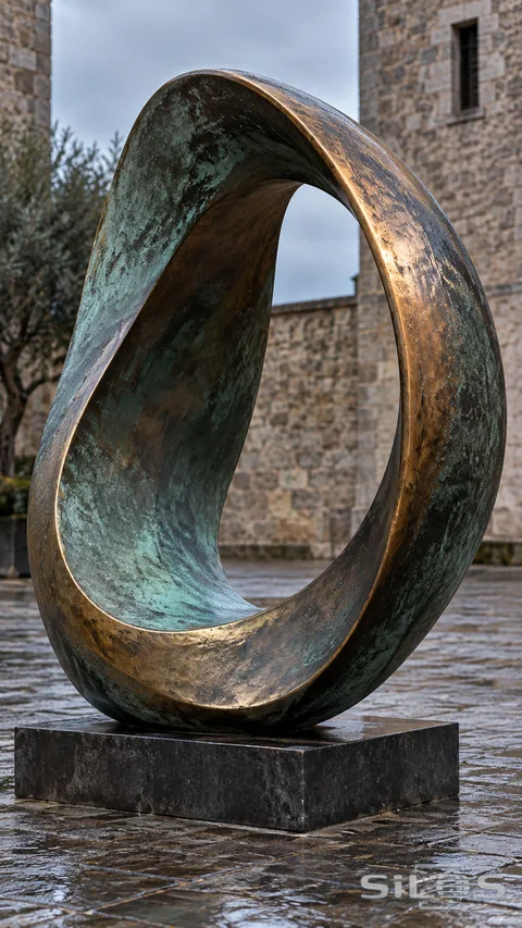 An asymmetrical bronze loop with green patina stands on a dark stone base above wet cobblestones.