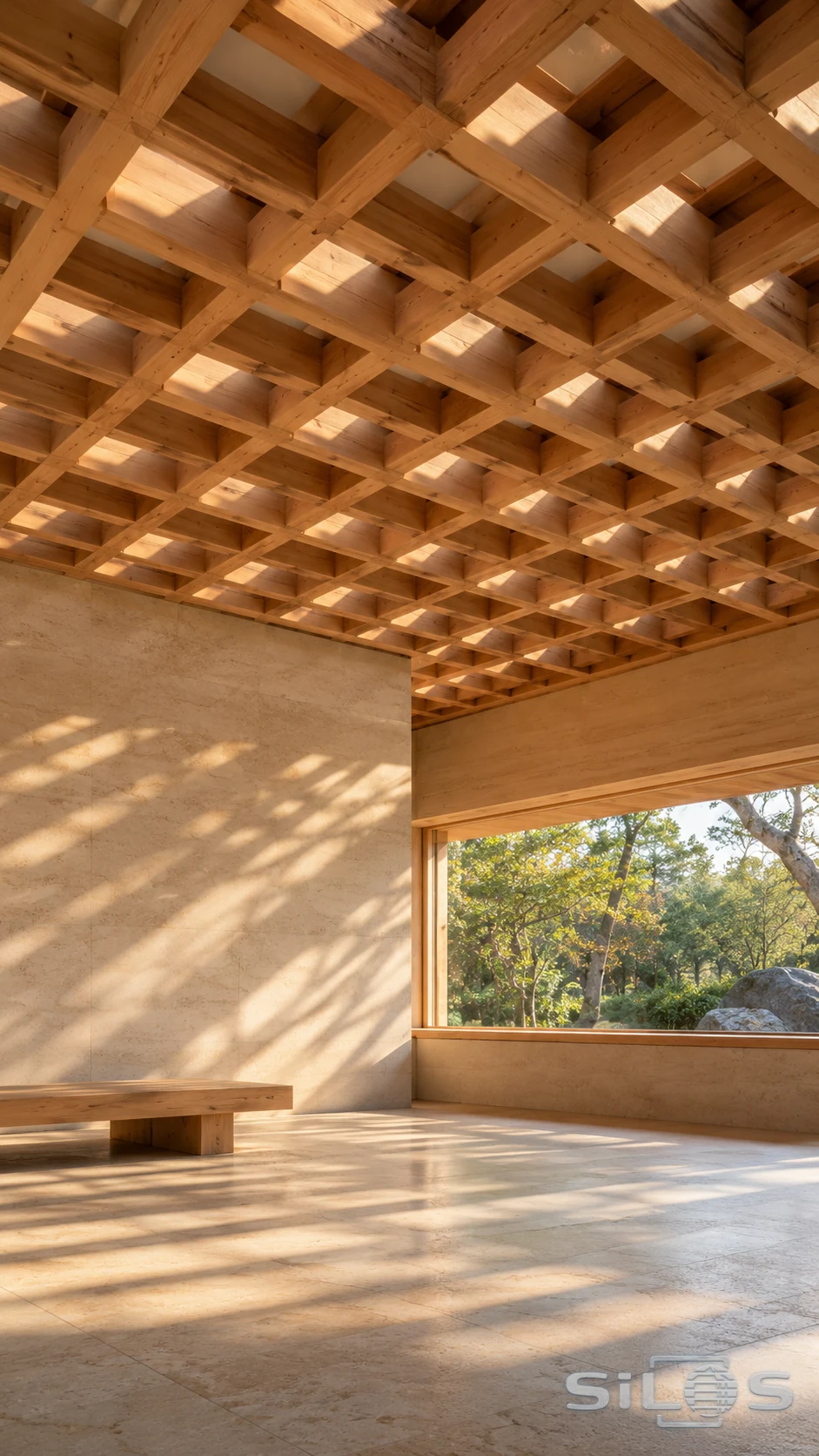 A cedar lattice ceiling and timber bench overlook a sunlit stone interior with a broad window and green trees outside.