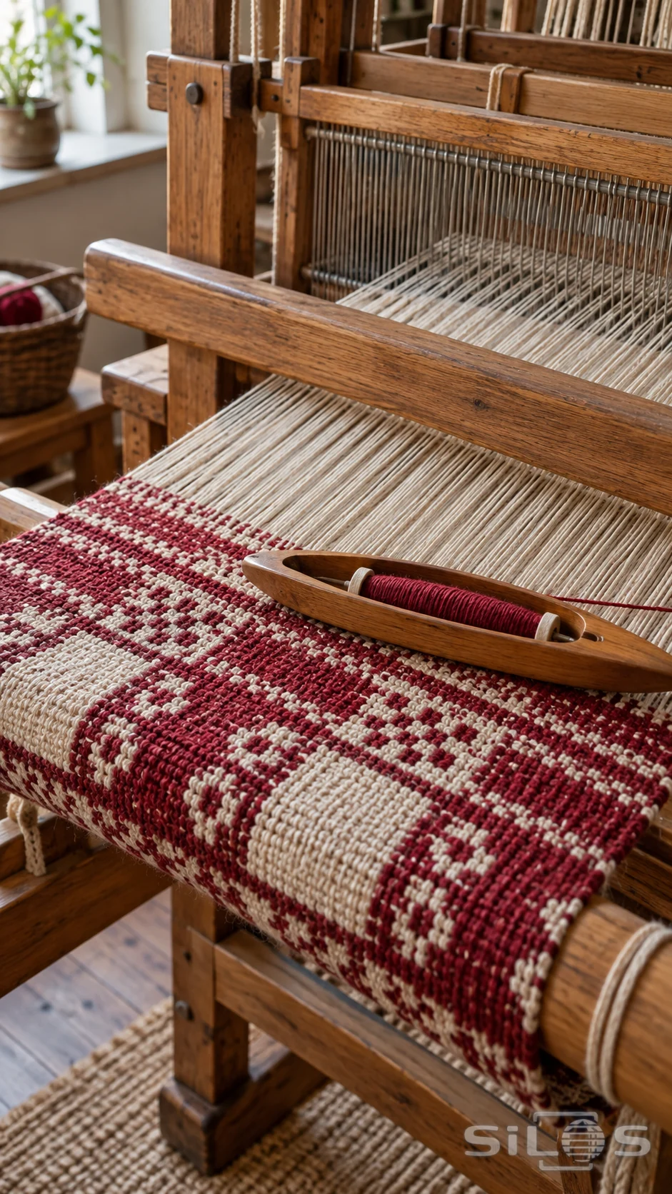 Crimson and cream woven cloth stretches across a wooden loom beneath straight pale warp threads and a wooden shuttle.