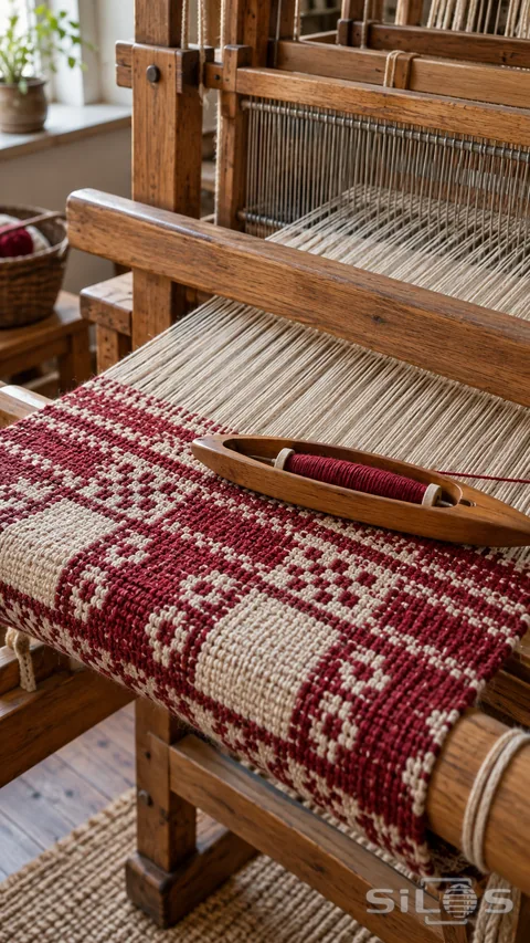 Crimson and cream woven cloth stretches across a wooden loom beneath straight pale warp threads and a wooden shuttle.