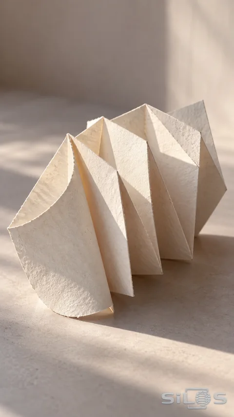 An accordion-like ivory paper sculpture casts soft sculptural shadows on a pale surface, with fine fibers visible along its folds.