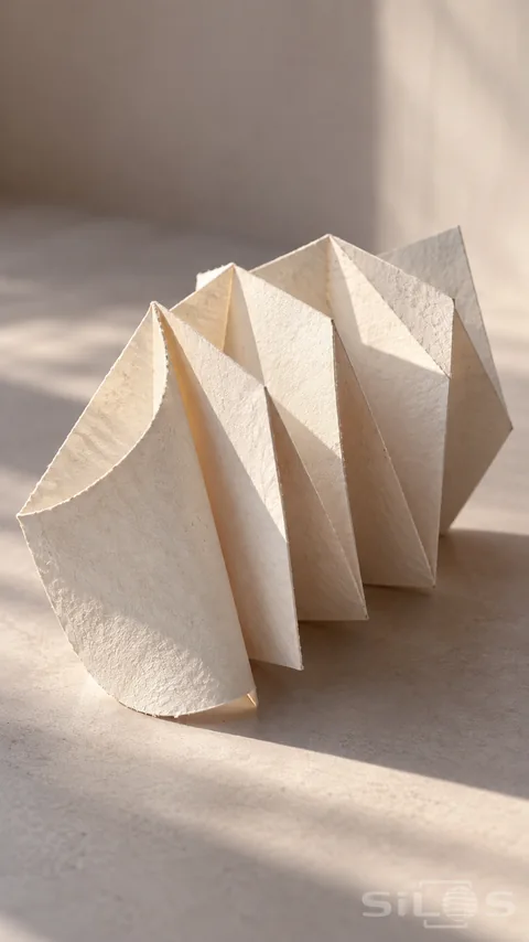 An accordion-like ivory paper sculpture casts soft sculptural shadows on a pale surface; with fine fibers visible along its folds.