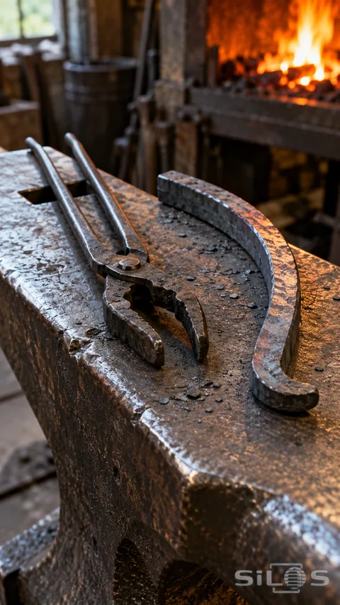 Blackened steel tongs and a curved forged bar rest on a scratched anvil near the orange glow of a forge.