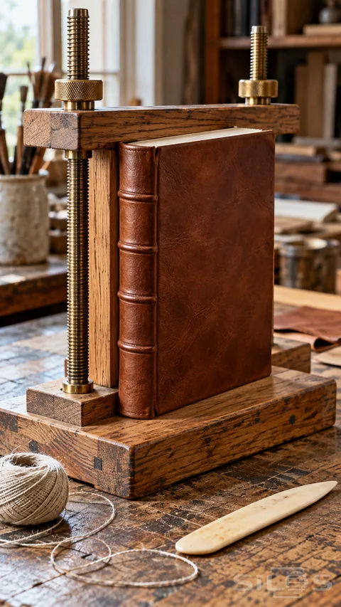 An unlettered chestnut leather book stands at an oak-and-brass binding press beside linen thread and a pale bone folder.