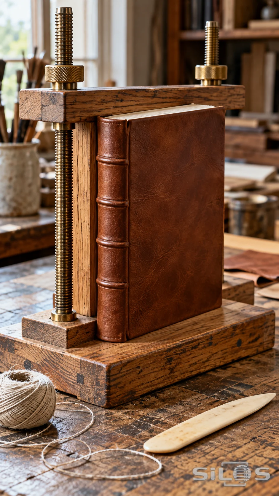 An unlettered chestnut leather book stands at an oak-and-brass binding press beside linen thread and a pale bone folder.