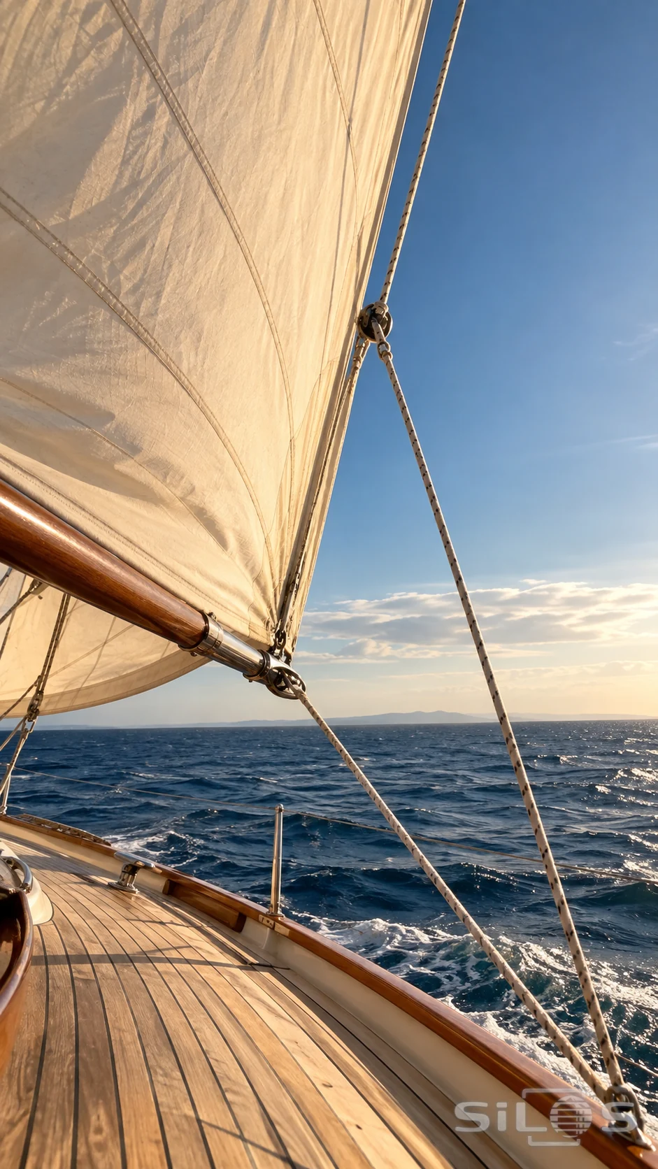 A cream sail and separated taut ropes rise above a warm teak deck and deep blue sea in late afternoon light.