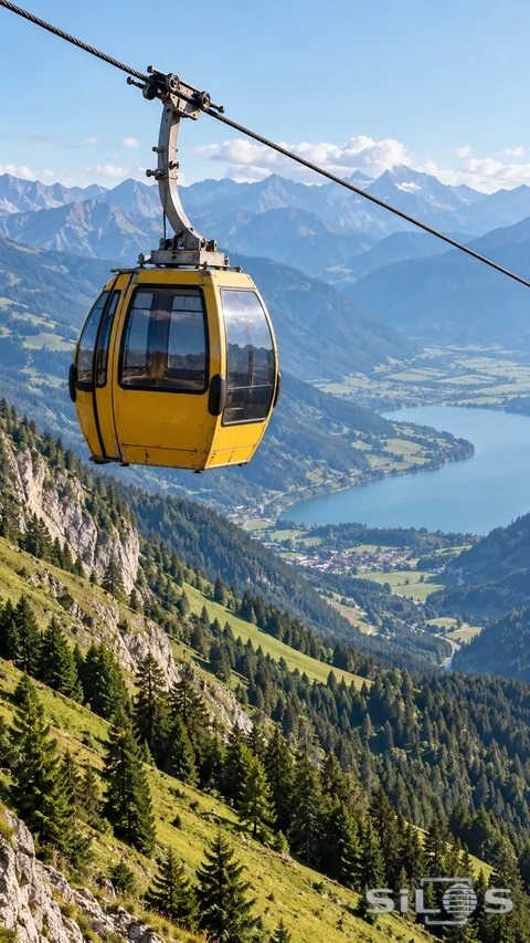 An ochre-yellow cable car hangs from an overhead cable above green alpine slopes and a blue mountain lake.